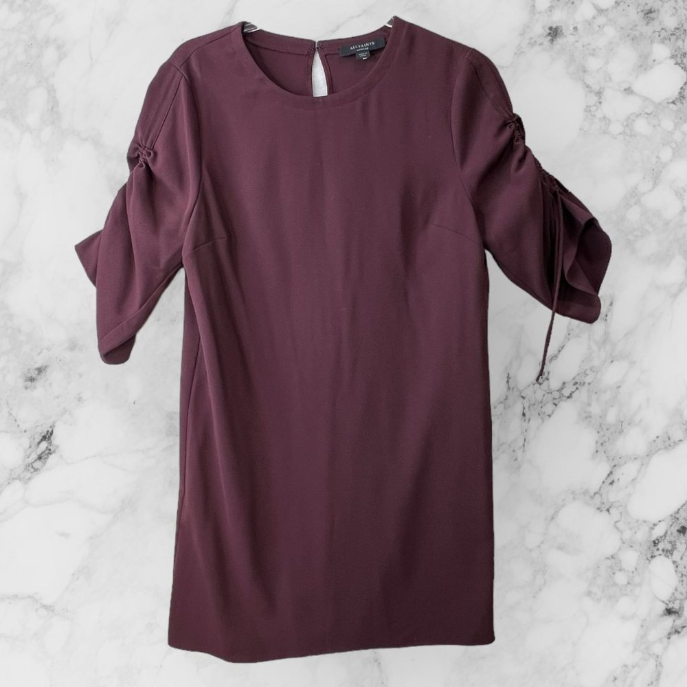 All Saints Evie Dress Women's Medium Simple Shift Mini in Burgundy Maroon with S